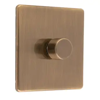 AB1DLED - Eurolite 1 Gang LED Push On&sol;Off 2Way Dimmer on 3mm Flat Concealed Antique Brass Plate with Matching Knob
