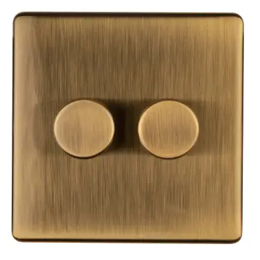 Click Here To Enlarge This Photo Of AB2DLED - Eurolite 2 Gang LED Push On&sol;Off 2Way Dimmer on 3mm Flat Concealed Antique Brass Plate with Matching Knobs