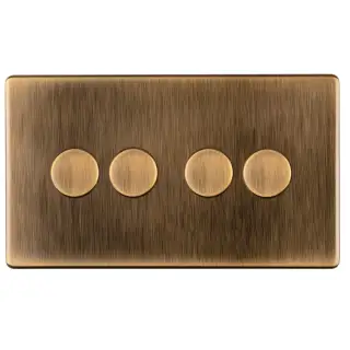AB4DLED - Eurolite 4 Gang LED Push On&sol;Off 2Way Dimmer on 3mm Flat Concealed Antique Brass Plate with Matching Knobs