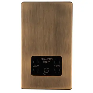 Click Here To Enlarge This Photo Of ABSHSB - Eurolite 2 Gang Shaver Socket 230&sol;115V on 3mm Flat Concealed Antique Brass Plate with Black Trim