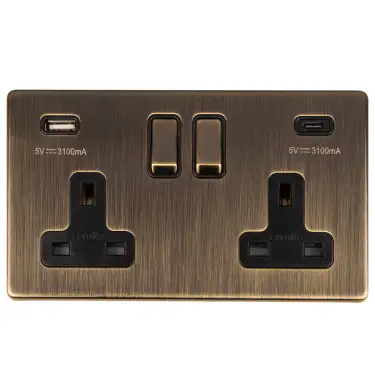 Click Here To Enlarge This Photo Of AB2USBCB - Eurolite 2 Gang 13Amp Switched Socket with 3&period;1Amp USB Outlet &lpar;1x Type A &plus; 1x Type C&rpar; on 3mm Flat Concealed Antique Brass Plate with Matching Rockers