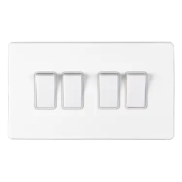 Click Here To Enlarge This Photo Of ECW4SWW - Eurolite 4 Gang 10Amp 2Way Switch on 3mm Flat Concealed Matt White Plate with White Rockers