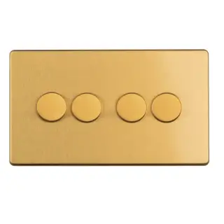 ECSB4DLED - Eurolite 4 Gang LED Push On&sol;Off 2Way Dimmer on 3mm Flat Concealed Satin Brass Plate