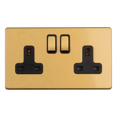Click Here To Enlarge This Photo Of ECSB2SOB - Eurolite 2 Gang 13Amp DP Switched Socket on 3mm Flat Concealed Satin Brass Plate with Black Rockers