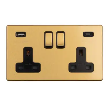 Click Here To Enlarge This Photo Of ECSB2USBCB - Eurolite 2 Gang 13Amp DP Switched Socket with 3&period;1Amp USB Outlet &lpar;1x Type A &plus; 1x Type C&rpar; on 3mm Flat Concealed Satin Brass Plate with Matching Rocker