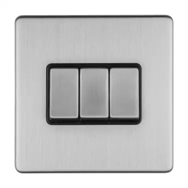 Click Here To Enlarge This Photo Of ECSS3SWB - Eurolite 3 Gang 10Amp 2Way Switch on 3mm Flat Concealed Satin Stainless Plate with Matching Rockers & Black Trim