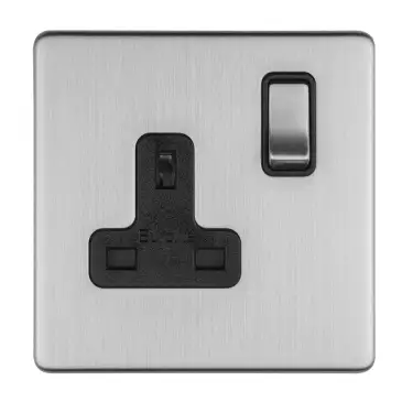 Click Here To Enlarge This Photo Of ECSS1SOB - Eurolite 1 Gang 13Amp DP Switched Socket on 3mm Flat Concealed Satin Stainless Plate with Matching Rocker & Black Trim