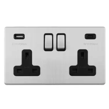 Click Here To Enlarge This Photo Of ECSS2USBCB - Eurolite 2 Gang 13Amp DP Switched Socket with 3&period;1Amp USB Outlet &lpar;1x Type A &plus; 1x Type C&rpar; on 3mm Flat Concealed Satin Stainless Steel Plate with Black Trim