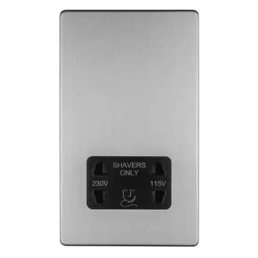 Click Here To Enlarge This Photo Of ECSSSHSB - Eurolite 2 Gang Shaver Socket 230&sol;115V on 3mm Flat Concealed Satin Stainless Plate with Black Trim