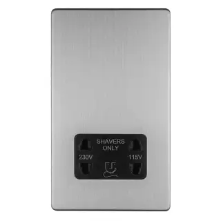 ECSSSHSB - Eurolite 2 Gang Shaver Socket 230&sol;115V on 3mm Flat Concealed Satin Stainless Plate with Black Trim