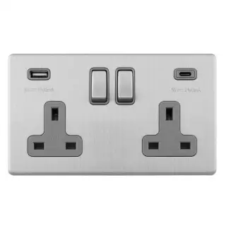 ECSS2USBCG - Eurolite 2 Gang 13Amp DP Switched Socket with 3&period;1Amp USB Outlets &lpar;1x Type A &plus; 1x Type C&rpar; Matching Rocker & Grey Trim