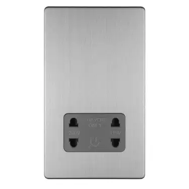 Click Here To Enlarge This Photo Of ECSSSHSG - Eurolite 2 Gang Shaver Socket 230&sol;115V on 3mm Flat Concealed Satin Stainless Plate with Grey Trim