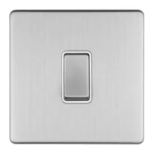 ECSS1SWW - Eurolite 1 Gang 10Amp 2Way Switch on 3mm Flat Concealed Satin Stainless Plate with Matching Rocker & White Trim