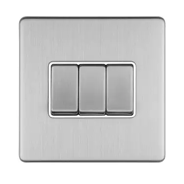 Click Here To Enlarge This Photo Of ECSS3SWW - Eurolite 3 Gang 10Amp 2Way Switch on 3mm Flat Concealed Satin Stainless Plate with Matching Rockers with White Trim