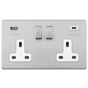 Click Here To Enlarge This Photo Of ECSS2USBCW - Eurolite 2 Gang 13Amp DP Switched Socket on 3mm Flat Concealed Satin Stainless Plate with 3&period;1Amp USB Outlets &lpar;1x Type A &plus; 1x Type C&rpar; Matching Rocker with White Trim