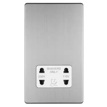 Click Here To Enlarge This Photo Of ECSSSHSW - Eurolite 2 Gang Shaver Socket 230&sol;115V on 3mm Flat Concealed Satin Stainless Plate with White Trim