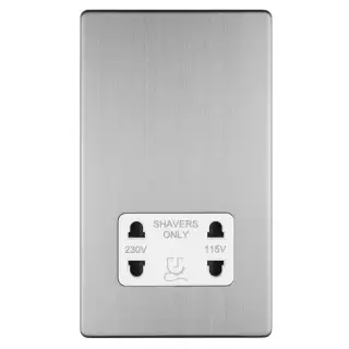 ECSSSHSW - Eurolite 2 Gang Shaver Socket 230&sol;115V on 3mm Flat Concealed Satin Stainless Plate with White Trim