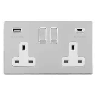 ECPC2USBCW - Eurolite 2 Gang 13Amp DP Switched Socket on 3mm Flat Concealed Polished Chrome Plate with 3&period;1Amp USB Outlets &lpar;1x Type A &plus; 1x Type C&rpar; Matching Rocker with White Trim