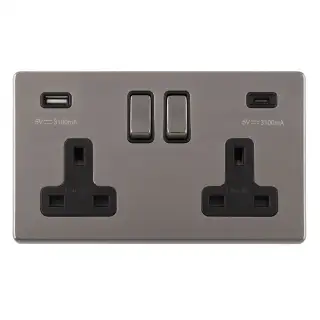 ECBN2USBCB - Eurolite 2 Gang 13Amp DP Switched Socket on 3mm Flat Concealed Black Nickel Plate with 3&period;1Amp USB Outlets &lpar;1x Type A &plus; 1x Type C&rpar; Matching Rocker with Black Trim