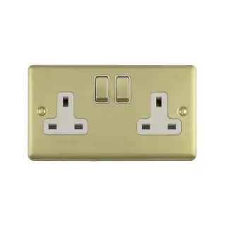 EN2SOSBW - Eurolite 2 Gang 13Amp DP Switched Socket Satin Brass with White Trim &lpar;Enhance Range&rpar;