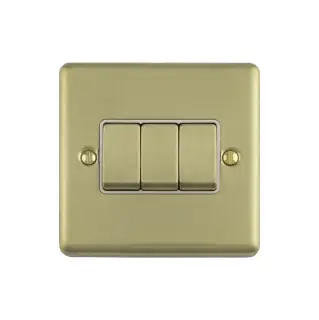 EN3SWSBW - Eurolite 3 Gang 10Amp 2Way Switch Satin Brass with White Trim &lpar;Enhance Range&rpar;
