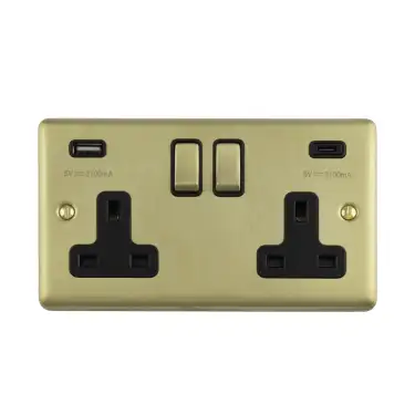Click Here To Enlarge This Photo Of EN2USBCSBB - Eurolite 2 Gang 13Amp Switched Socket with 3&period;1Amp USB Outlets &lpar;1x Type A &plus; 1x Type C&rpar; Satin Brass with Black Trim &lpar;Enhance Range&rpar;
