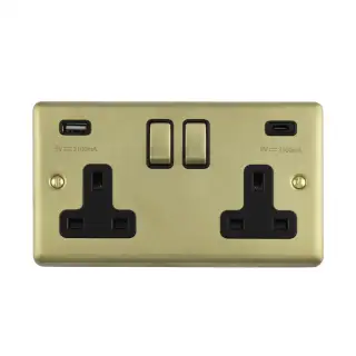EN2USBCSBB - Eurolite 2 Gang 13Amp Switched Socket with 3&period;1Amp USB Outlets &lpar;1x Type A &plus; 1x Type C&rpar; Satin Brass with Black Trim &lpar;Enhance Range&rpar;