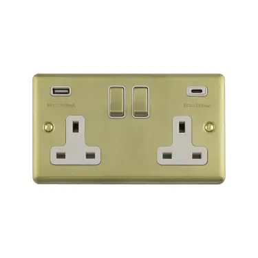 Click Here To Enlarge This Photo Of EN2USBCSBW - Eurolite 2 Gang 13Amp Switched Socket with 3&period;1Amp USB Outlets &lpar;1x Type A &plus; 1x Type C&rpar; Satin Brass with White Trim &lpar;Enhance Range&rpar;