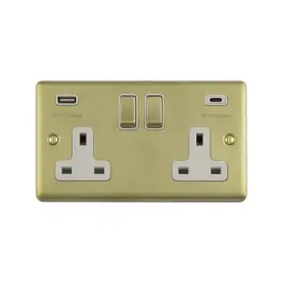 EN2USBCSBW - Eurolite 2 Gang 13Amp Switched Socket with 3&period;1Amp USB Outlets &lpar;1x Type A &plus; 1x Type C&rpar; Satin Brass with White Trim &lpar;Enhance Range&rpar;