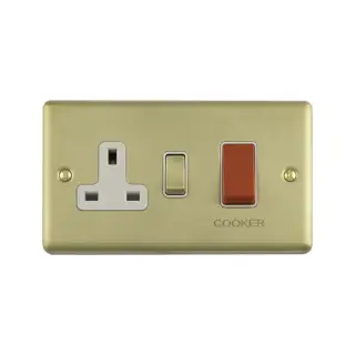 EN45ASWASSBW - Eurolite 45Amp DP Cooker Switch with 13Amp Socket Satin Brass with White Trim &lpar;Enhance Range&rpar;