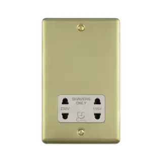 ENSHSSBW - Eurolite 2 Gang Shaver Socket 230&sol;115V Satin Brass with White Trim &lpar;Enhance Range&rpar;