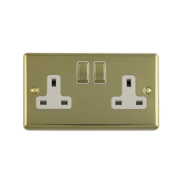 Click Here To Enlarge This Photo Of EN2SOPBW - Eurolite 2 Gang 13Amp DP Switched Socket Polished Brass with White Trim &lpar;Enhance Range&rpar;
