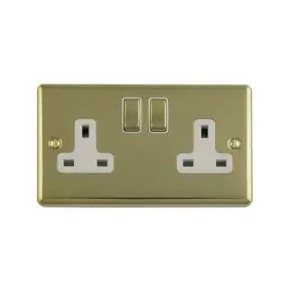 EN2SOPBW - Eurolite 2 Gang 13Amp DP Switched Socket Polished Brass with White Trim &lpar;Enhance Range&rpar;