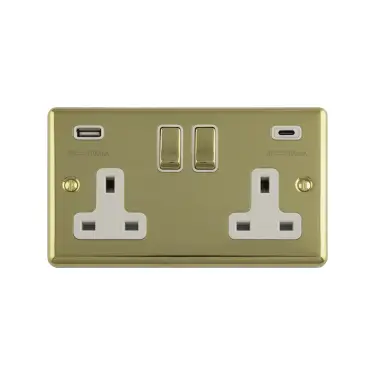 Click Here To Enlarge This Photo Of EN2USBCPBW - Eurolite 2 Gang 13Amp Switched Socket with 3&period;1Amp USB Outlets &lpar;1x Type A &plus; 1x Type C&rpar; Satin Brass with White Trim &lpar;Enhance Range&rpar;