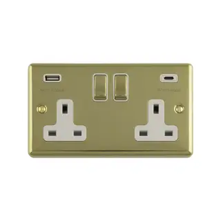EN2USBCPBW - Eurolite 2 Gang 13Amp Switched Socket with 3&period;1Amp USB Outlets &lpar;1x Type A &plus; 1x Type C&rpar; Satin Brass with White Trim &lpar;Enhance Range&rpar;