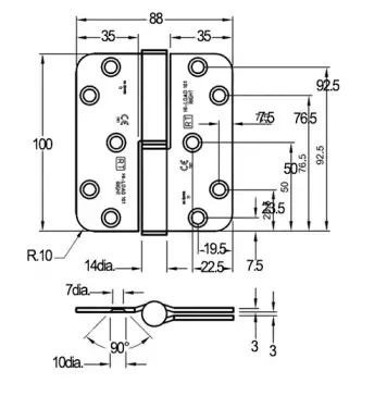 Click Here To Enlarge This Photo Of H101-LR-BZP Royde & Tucker 100mm x 88mm x 3mm Grade 11 Hi-Load Two Knuckle Lift Off Butt Hinge &lpar;Left Hand&rpar; Bright Zinc Plated
