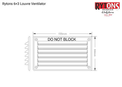 Click Here To Enlarge This Photo Of LV25FWH Rytons 6" x 3" White Plastic Louvred Vent c&sol;w Flyscreen