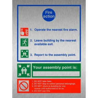 Click Here To Enlarge This Photo Of Brushed Aluminium &lpar;3mm&rpar; 3 Point Fire Action Notice Sign