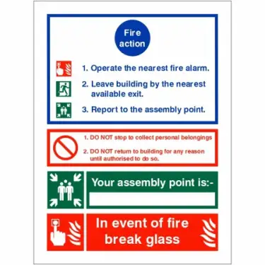 Click Here To Enlarge This Photo Of Self Adhesive Vinyl 3 Point Fire Action Notice Sign - "In Event Of Fire Break Glass" &lpar;Writable&rpar;