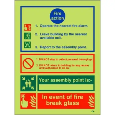 Click Here To Enlarge This Photo Of Photoluminescent &lpar;Glow in the Dark&rpar; Self Adhesive &lpar;Class C&rpar; 3 Point Fire Action Notice Sign - "In Event Of Fire Break Glass" &lpar;Writable&rpar;