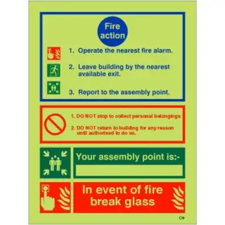 Photoluminescent &lpar;Glow in the Dark&rpar; Rigid Plastic &lpar;Class C&rpar; 3 Point Fire Action Notice Sign - "In Event Of Fire Break Glass" &lpar;Writable&rpar;