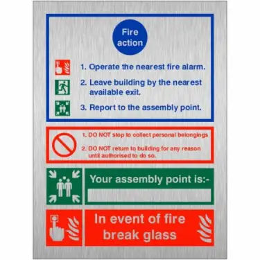 Click Here To Enlarge This Photo Of Brushed Aluminium &lpar;3mm&rpar; 3 Point Fire Action Notice Sign - "In Event Of Fire Break Glass" &lpar;Writable&rpar;