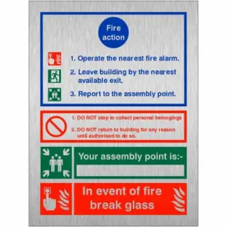 Brushed Aluminium &lpar;3mm&rpar; 3 Point Fire Action Notice Sign - "In Event Of Fire Break Glass" &lpar;Writable&rpar;