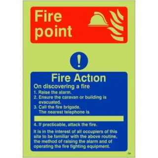 Photoluminescent &lpar;Glow in the Dark&rpar; Self Adhesive &lpar;Class C&rpar; 4 Point Fire Action Notice Sign For Caravans - "On Discovering a Fire"