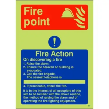 Click Here To Enlarge This Photo Of Photoluminescent &lpar;Glow in the Dark&rpar; Rigid Plastic &lpar;Class C&rpar; 4 Point Fire Action Notice Sign For Caravans - "On Discovering a Fire"