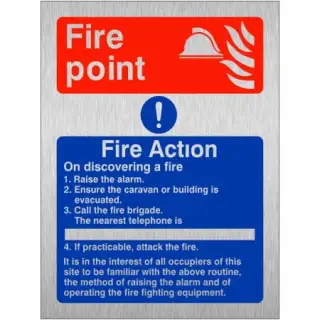 Brushed Aluminium &lpar;3mm&rpar; 4 Point Fire Action Notice Sign For Caravans - "On Discovering a Fire"