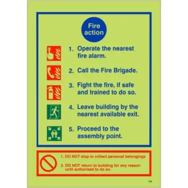 Click Here To Enlarge This Photo Of Photoluminescent &lpar;Glow in the Dark&rpar; Self Adhesive &lpar;Class C&rpar; 5 Point Fire Action Notice Sign