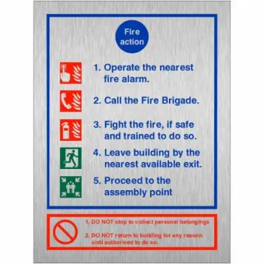 Click Here To Enlarge This Photo Of Brushed Aluminium &lpar;3mm&rpar; 5 Point Fire Action Notice Sign