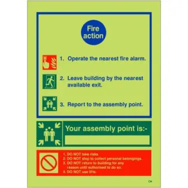 Click Here To Enlarge This Photo Of Photoluminescent &lpar;Glow in the Dark&rpar; Self Adhesive &lpar;Class C&rpar; 3 Point Fire Action Notice Sign - "Your Assembly Point is"