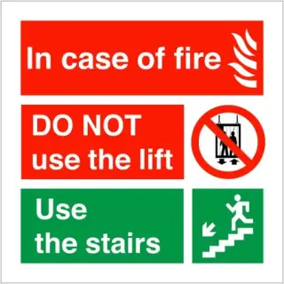 Self Adhesive Vinyl In Case Of Fire Do Not Use The Lift - Use The Stairs Fire Action Notice Sign - 150mm x 150mm